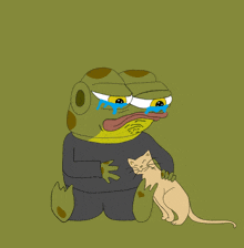 a cartoon frog is crying while holding a cat in his arms