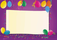 a purple background with balloons and confetti surrounding a white piece of paper