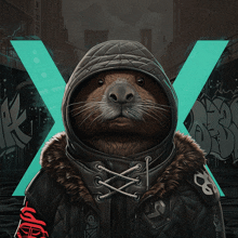 a painting of a rat wearing a hooded jacket with the letter x behind it