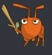 a cartoon ant is holding a baseball bat and a green leaf