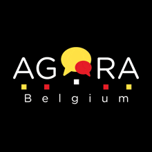 agora belgium logo with a yellow and red speech bubble on a black background