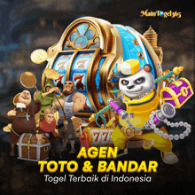 a poster for agen toto & bandar shows a panda holding a gun