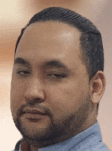 a man with a beard wearing a blue shirt looks at the camera