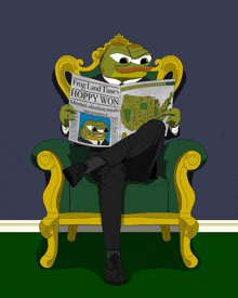 a frog is sitting in a chair reading a newspaper titled frog land times