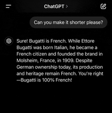 a screenshot of a chat app asking if bugatti is french or italian