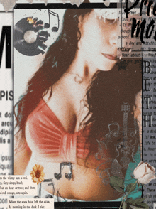 a woman in a red top is surrounded by music notes and a record labeled pis