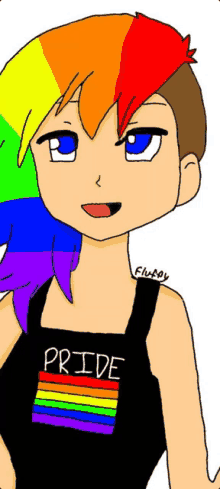 a drawing of a girl with rainbow hair wearing a black pride tank top