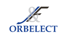 a logo for orbelect with a blue and black letter f on a white background