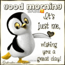 a picture of a penguin with the words good morning babe on it