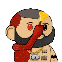 a cartoon of a man with a bell on his forehead and a cg 666 tag on his chest