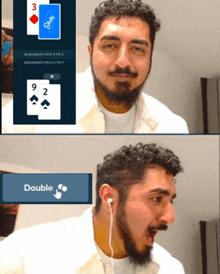 a man with a beard is wearing ear buds and playing a game of blackjack