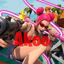 a woman with pink hair is holding a gun and the word akoo is on the bottom right