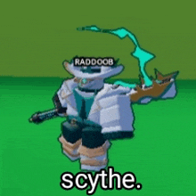 a cartoon character is standing on a green field holding a sword and says `` scythe '' .