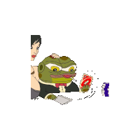 a cartoon of a frog in a tuxedo holding a uno card