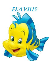 a yellow and blue cartoon fish with the name flavius written above it