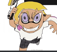 a cartoon character with yellow hair and purple eyes holding a sword