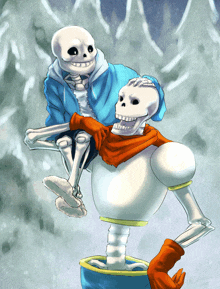 a drawing of a skeleton carrying another skeleton in a snowy forest