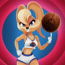 a cartoon of lola bunny holding a basketball with the letter a on it