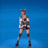 a girl wearing roller skates and a jacket that says ' sh ' on it
