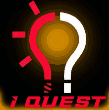 a red and white light bulb with a question mark and the word quest below it