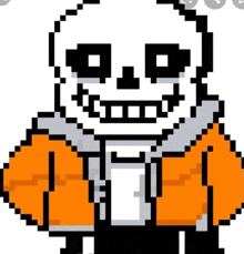 a pixel art of a skeleton with an orange jacket