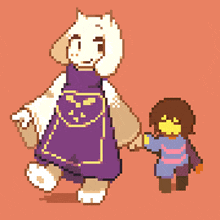 a pixel art drawing of a goat holding a child 's hand