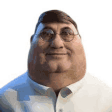 a man with glasses and a large belly is smiling .