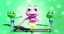 a cartoon of three frogs dancing with the words aunque sea tu solito tu puedes brincar