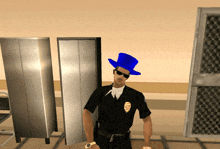 a police officer wearing a blue top hat and sunglasses stands in front of a door