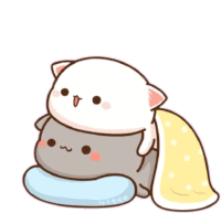 a cartoon cat is sitting on top of a gray cat on a pillow .