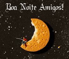 a man is fishing on a crescent moon made of a cookie .