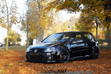 a black car is parked under a tree with leaves on the ground and the words low art on the bottom right