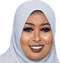 a close up of a woman wearing a hijab and smiling on a white background .