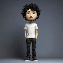 a cartoon character with curly hair wearing a white shirt and black jeans