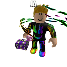 a colorful roblox character holding a purple box with the word ja above him