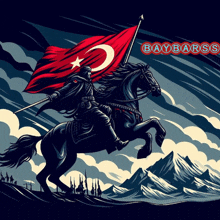 an illustration of a man on a horse holding a flag with baybars written on the bottom