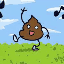 a cartoon drawing of a poop with arms and legs is dancing in a field .