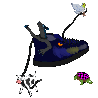 a drawing of a cow a horse a bird and a turtle riding on a shoe