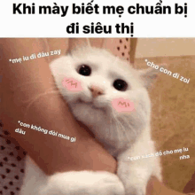 a white cat is being held in someone 's arms with a meme written in a foreign language .