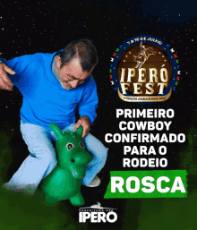 an advertisement for ipero fest shows a man riding a green inflatable horse