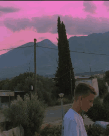 a man stands in front of a pink sky and mountains