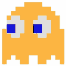 a pixel art of a ghost with blue eyes and white eyes