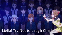 a group of anime girls are sitting in a dark room with the words liella try not to laugh challenge below them