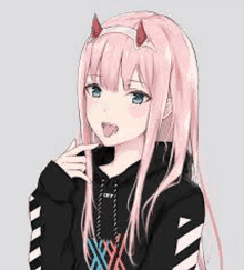 zero two from darling in the franxx is wearing a black hoodie with horns and sticking her tongue out .