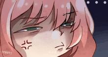 a close up of a cartoon girl 's face with a angry expression .