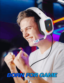 a man wearing headphones with the words born for game written below him