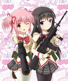 two anime girls are holding guns in front of a pink background that says comm