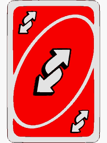 a red uno card with two white arrows pointing in opposite directions on it