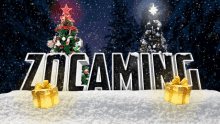 a christmas scene with the word zogaming in front of a christmas tree