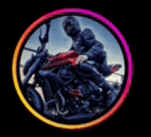 a man is riding a motorcycle in a circle with a rainbow border .